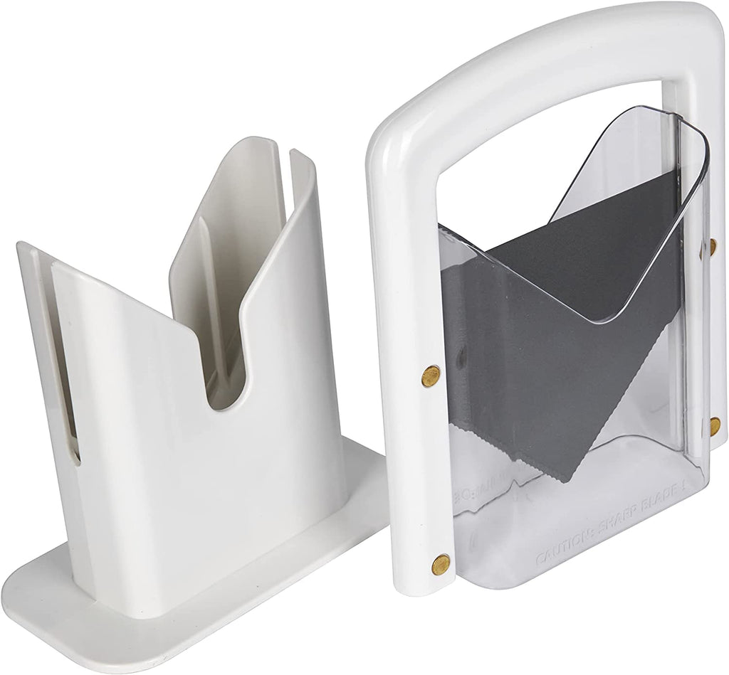 Hoan The Original Bagel Guillotine Slicer - 9.25-Inch Stainless Steel Blade Slicer - Safe and Efficient Easy Bagel Cutter for Muffins, Rolls, Buns with Precision Ground Serrated Blade (White)