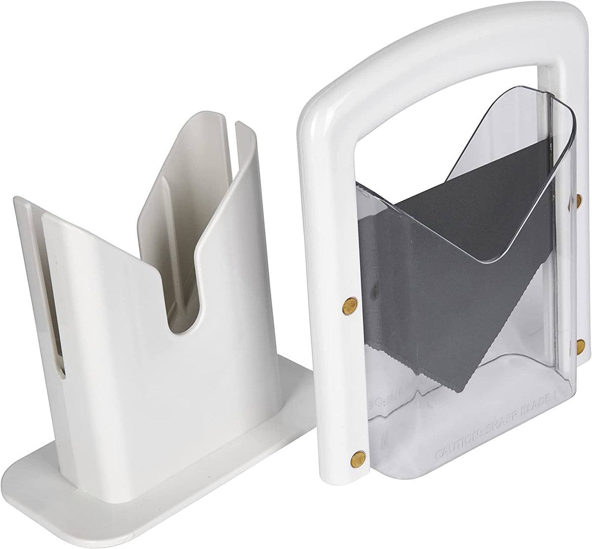 Hoan The Original Bagel Guillotine Slicer - 9.25-Inch Stainless Steel Blade Slicer - Safe and Efficient Easy Bagel Cutter for Muffins, Rolls, Buns with Precision Ground Serrated Blade (White)