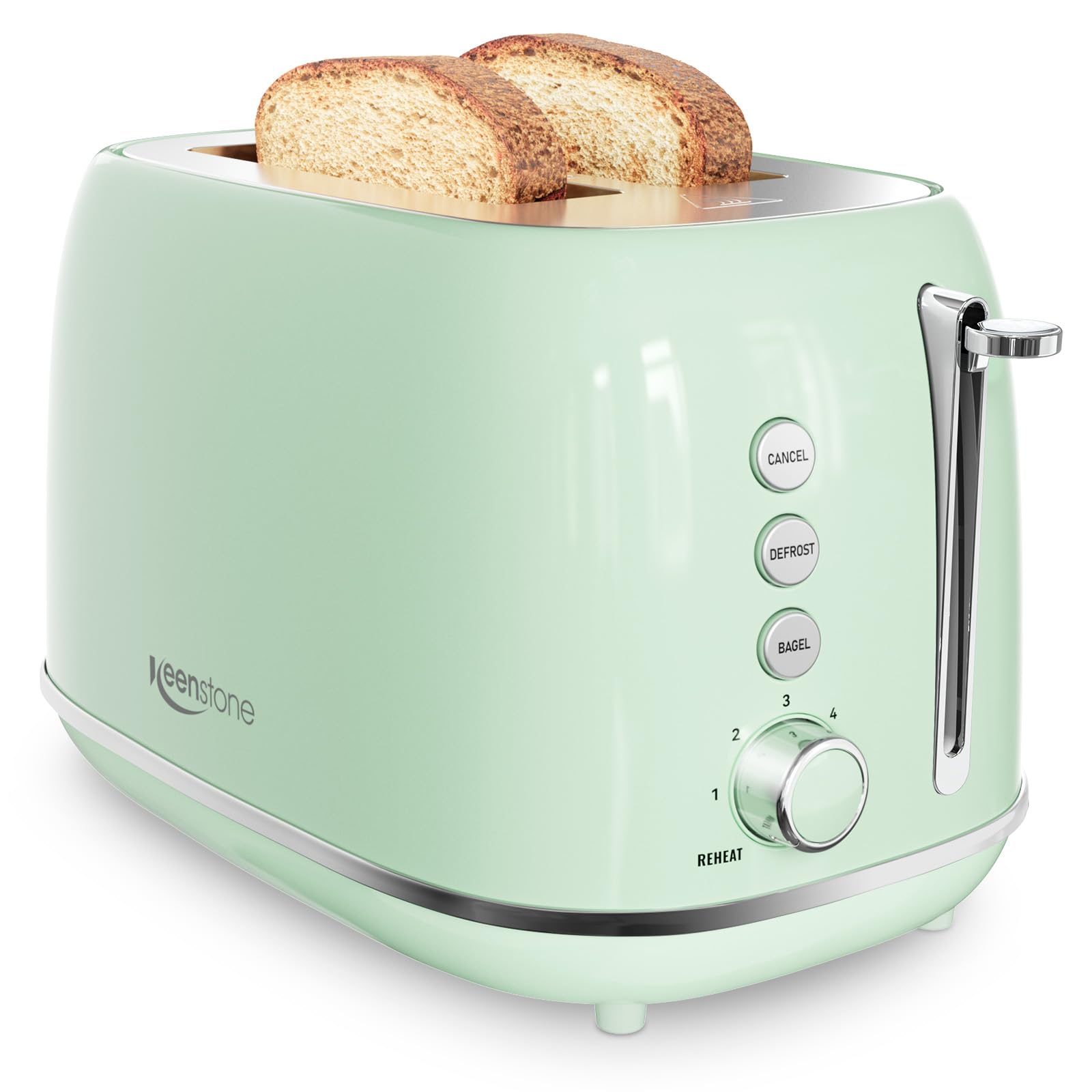 2 Slice Stainless Steel Toaster Retro with 6 Bread Shade Settings, Bagel, Cancel, Defrost Function, Extra Wide Slot, Removable Crumb Tray Green