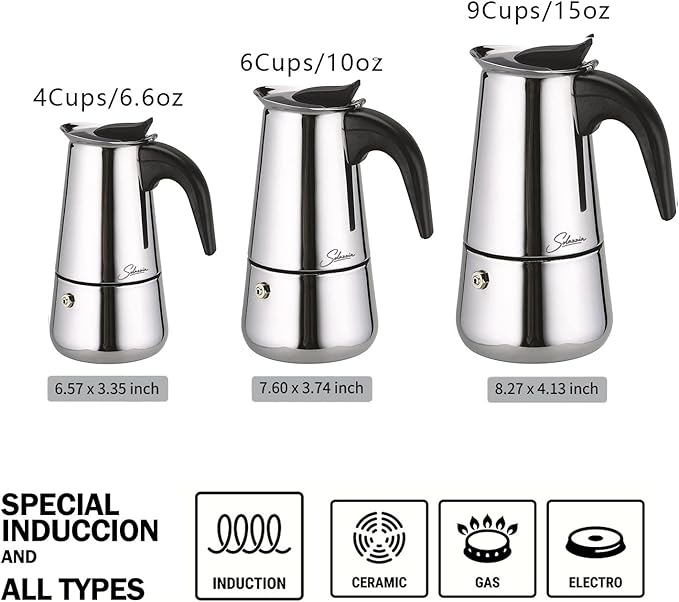 Solazzia Espresso Maker 6 Cup Moka Pot Stainless Steel Percolator coffee pot, Compatible with Gas, Electric, Ceramic, and Induction stovetops(10 fl oz/300 ml)