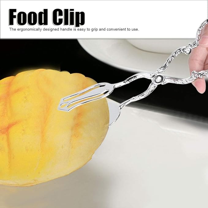 9in Vintage Salad Tong for Serving, Zinc Alloy Silver Food Serving Tongs Salad Steak Clip Buffet Tongs Kitchen Utensils for Buffet Catering Bread BBQ, 8.5x4.5in (1PCS)