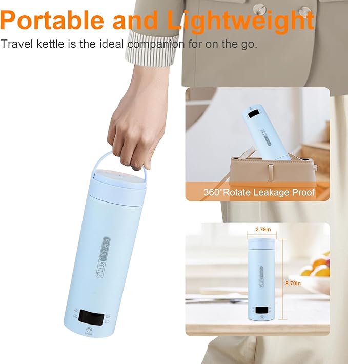 Rzlinn Travel Kettle,Portable Electric Kettle with Temperature Control, Brews Two Cups of Coffee, 316 Stainless Steel Inner Tank, Elegant Blue