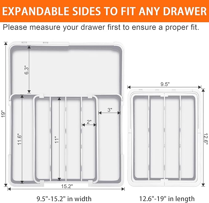 Spaclear Silverware Drawer Organizer, Adjustable Utensil Tray for Kitchen Drawer, 19 x 15 Inches Flatware and Cutlery Holder, Expandable Plastic Storage for Spoons Forks Knives, 4-7 Slots, White