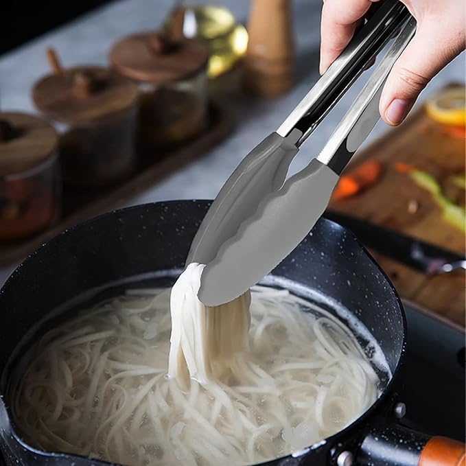 HINMAY Small Serving Tongs with Silicone Tips 7 Inch Mini Stainless Steel Food Tongs, Set of 3 (Gray)
