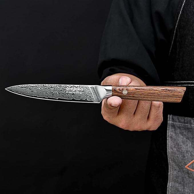 Aisyoko 5-Inch Paring Knife - Japanese VG-10 Super Steel 67-Layer Damascus Blade - Fruit Utility Knife for Carving & Peeling - Luxury Gift Box with Color Wooden Handle - Includes Scabbard