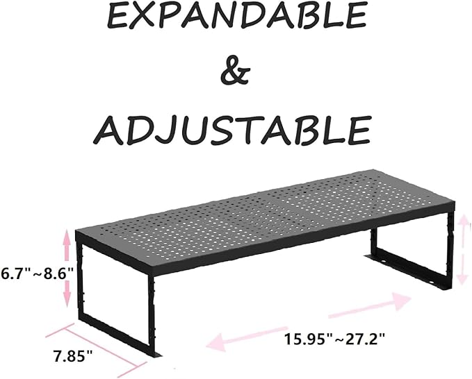 Asiingkel Stackable Expandable Metal Shelf Organizer - Adjustable Wire Storage Rack with Holes for Kitchen, Bathroom, Cabinet, Office - Space Saving, Durable & Sturdy Design（1PACK/Medium/Black