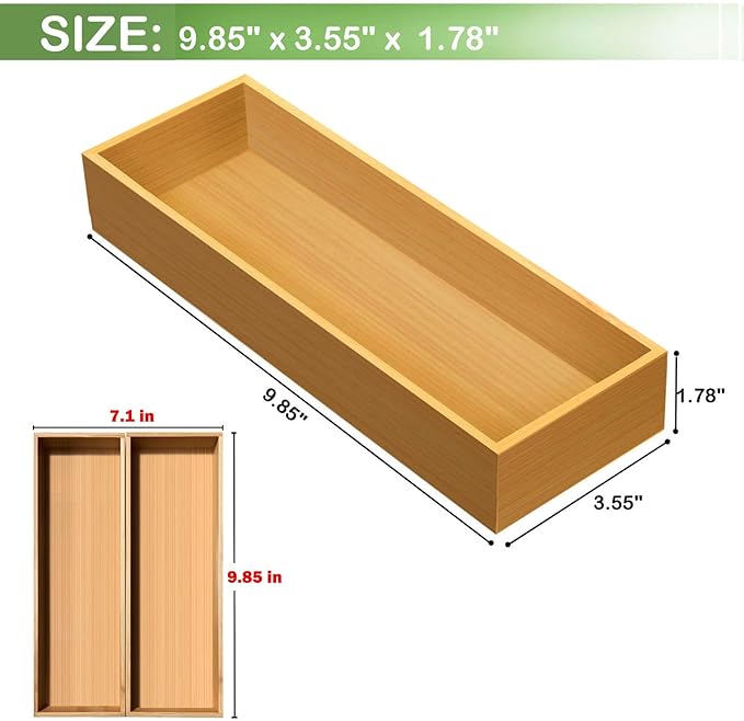 guiogc Bamboo Drawer Silverware Organizer, Silverware Tray, Flatware Organizer, Bamboo Storage Box Suitable for Office, Bathroom and other objects storage (9.85"x3.55"x1.78"- Set of 2)