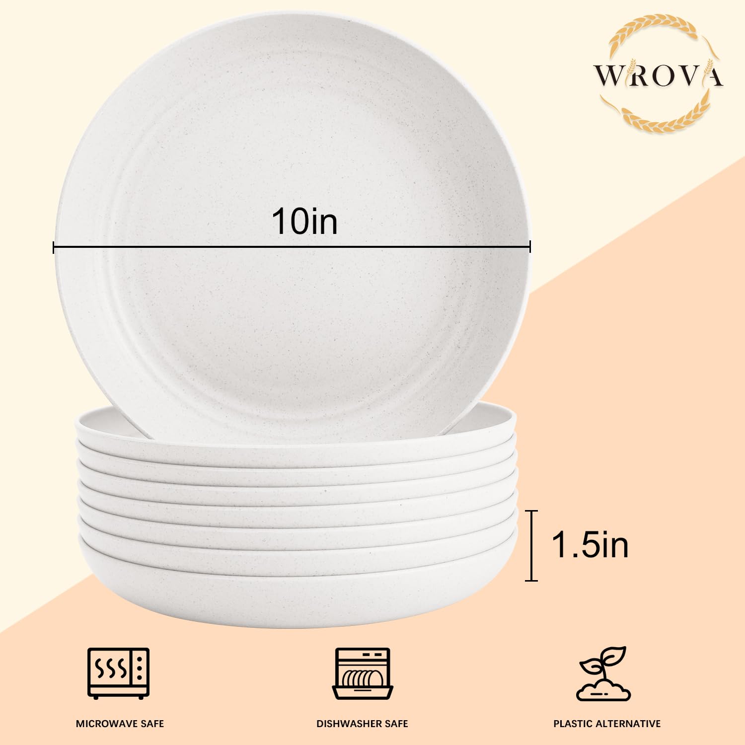 Wrova Wheat Straw Plates - 10 Inch Unbreakable Dinner Plates Set of 8 - Dishwasher & Microwave Safe Plastic Plates Reusable for kitchen and camping (White)