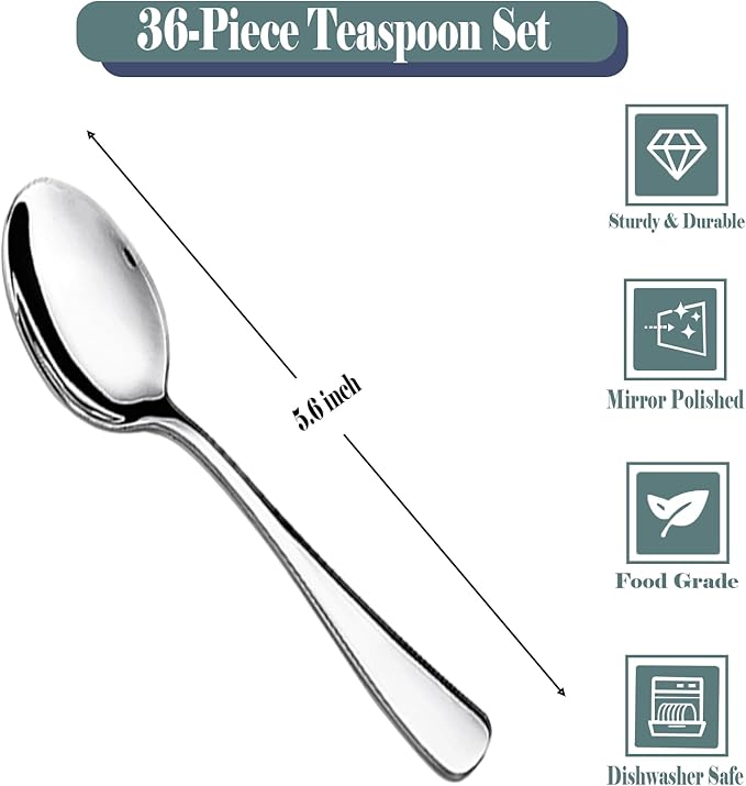 36-Piece Teas Spoons Set (5.6 inch), Stainless Steel Spoons Silverware, Dessert Spoons, Coffee Spoons,Table Spoon Use for Home, Kitchen and Restaurant - Mirror Polished, Dishwasher Safe