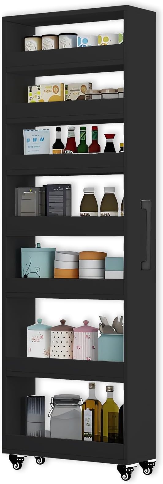 MINGRUIYU 7-Tier Slim Storage Cart, Wooden Rolling Pantry Cabinet with Wheels, Narrow Shelf Organizer for Kitchen, Bakers Rack, Dining Room, Closet, Small Spaces Dark Walnut 47.2" H*5.9" W*16.9" D