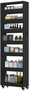 MINGRUIYU 7-Tier Slim Storage Cart, Wooden Rolling Pantry Cabinet with Wheels, Narrow Shelf Organizer for Kitchen, Bakers Rack, Dining Room, Closet, Small Spaces Dark Walnut 47.2" H*5.9" W*16.9" D