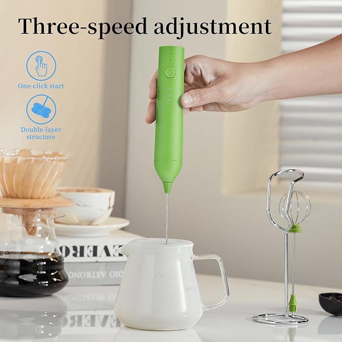 ELMWAY Rechargeable Milk Frother Set by ELMWAY, Electric Drink Blender with Wand and Egg Whisk, Foam Maker Mixer, Milk Frother Handled for Coffee, Latte, Matcha, Protein Powder (Green with Stand)