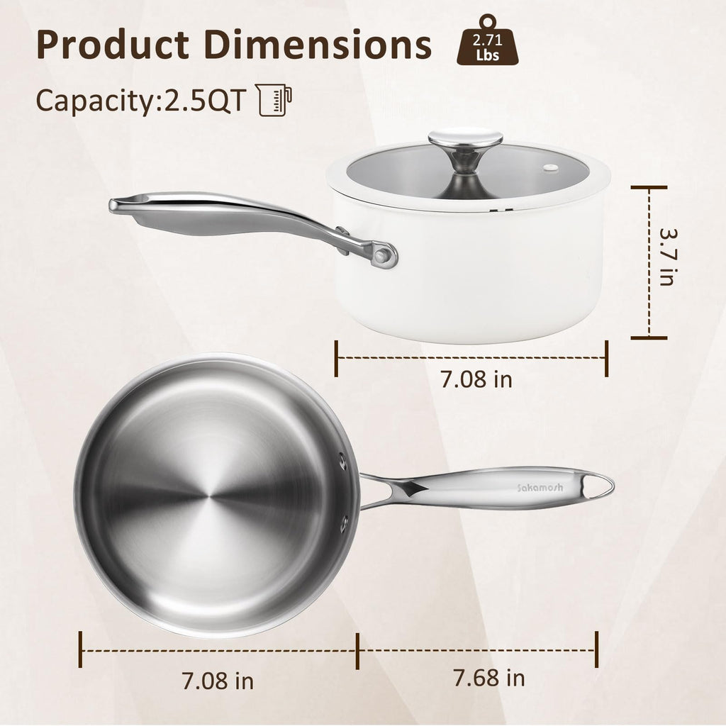 SAKAMOSH 2.5qt Tri-Ply Stainless Steel Saucepan & Lid, Induction Safe