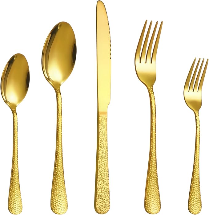 40 Pcs Gold Silverware Set for 8, Food Grade Stainless Steel Flatware Set, Eating Utensils Sets Include Fork/Knife/Spoon, Reusable Cutlery Set for Home Kitchen, Dishwasher Safe, Wave Hammered