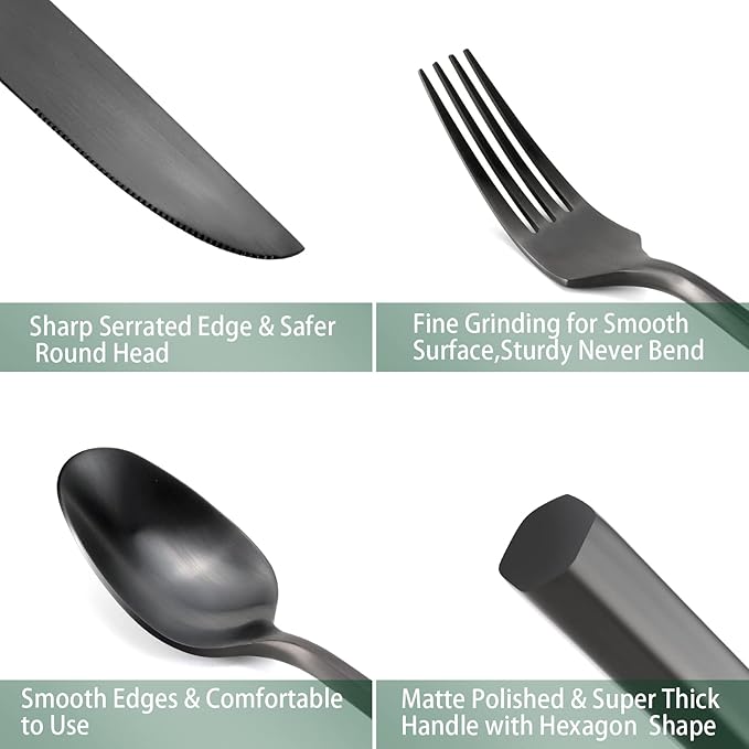 DEACORY Silverware Set Matte Black Hexagon 40-Piece Service for 8
