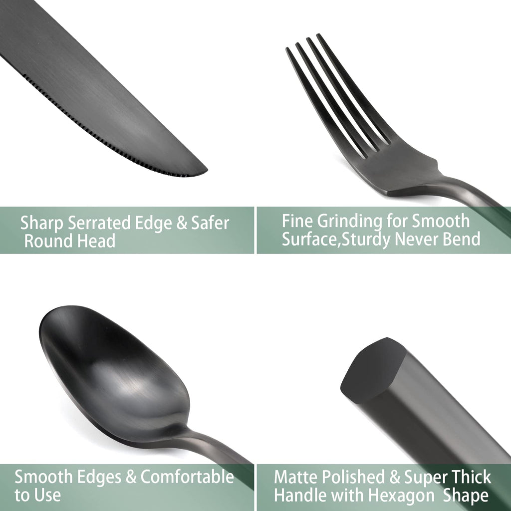 DEACORY Black Silverware Set Matte Finish Hexagon Handle Service for 4