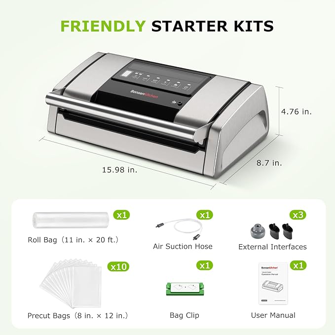 Bonsenkitchen Vacuum Sealer for Food, 5-in-1 Heavy Duty Performance