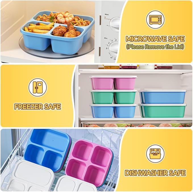 Canfanni 6 Pcs Snack Box Container Set, Reusable 3&4 Compartment Meal Prep Snack Containers for Adults Kids Toddler, BPA-Free Divided Lunchable Container for School, Work and Travel (5 Color)