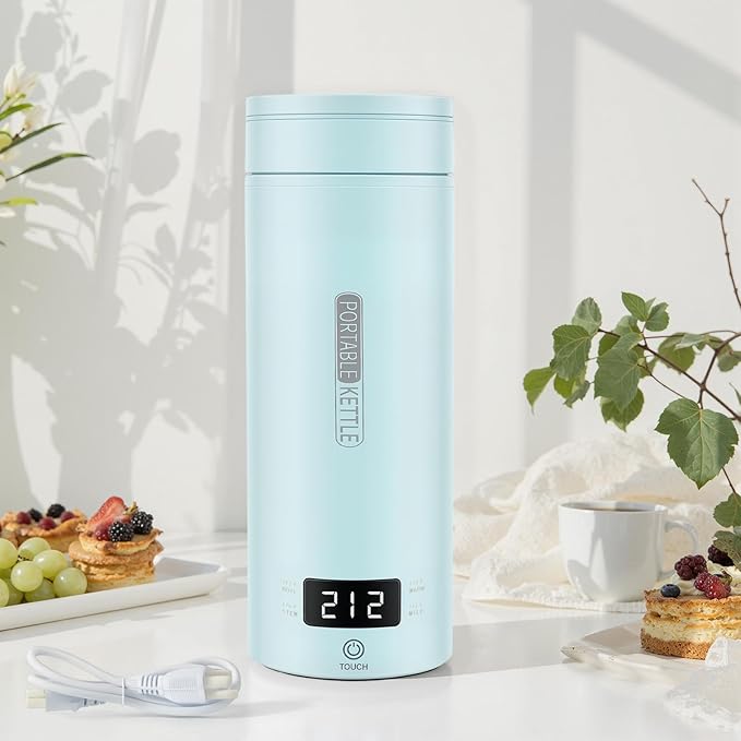 Rzlinn Travel Kettle,Portable Electric Kettle with Temperature Control, Brews Two Cups of Coffee, 316 Stainless Steel Inner Tank, Elegant Blue