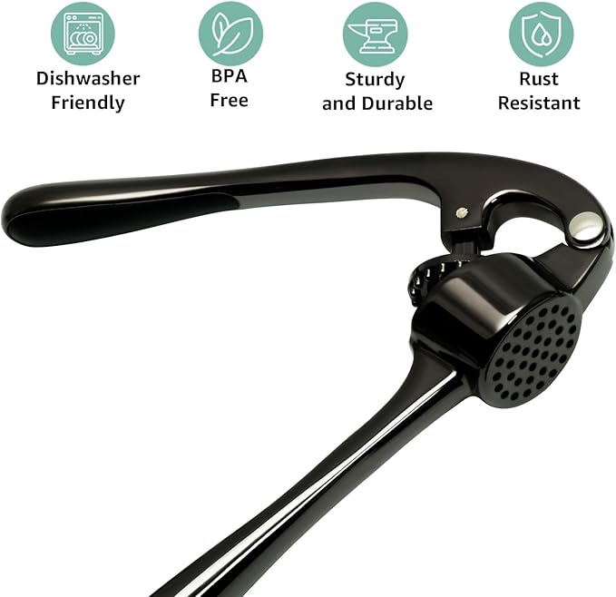 Garlic Press Crusher & Mincer – Easy Squeeze Ergonomic Handle, Heavy Duty Zinc Alloy, Dishwasher Safe, Includes Peeler & Cleaning Brush – Garlic Ginger Crusher Tool (Black)