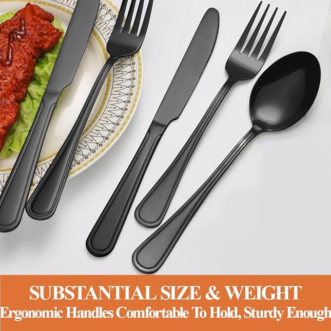 40 Pcs Black Silverware Set for 8, Food Grade Stainless Steel Flatware Set, Eating Utensils Sets Include Fork/Knife/Spoon, Reusable Cutlery Set for Home Kitchen, Dishwasher Safe, Double-stripe