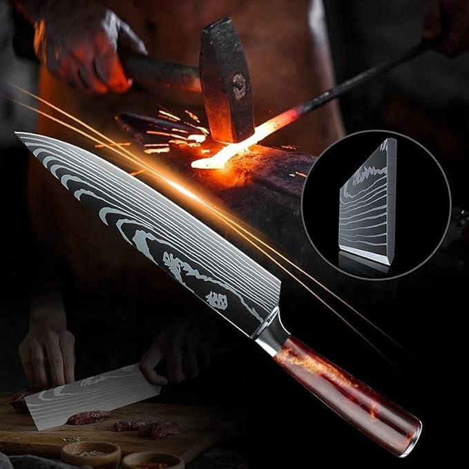 FIVE COWS 8-Piece Premium Japanese Kitchen Knife Set - Star Collection, Laser Damascus Pattern, 440A Stainless Steel Ultra Sharp for Fast Cutting (DMS-8A-Red)