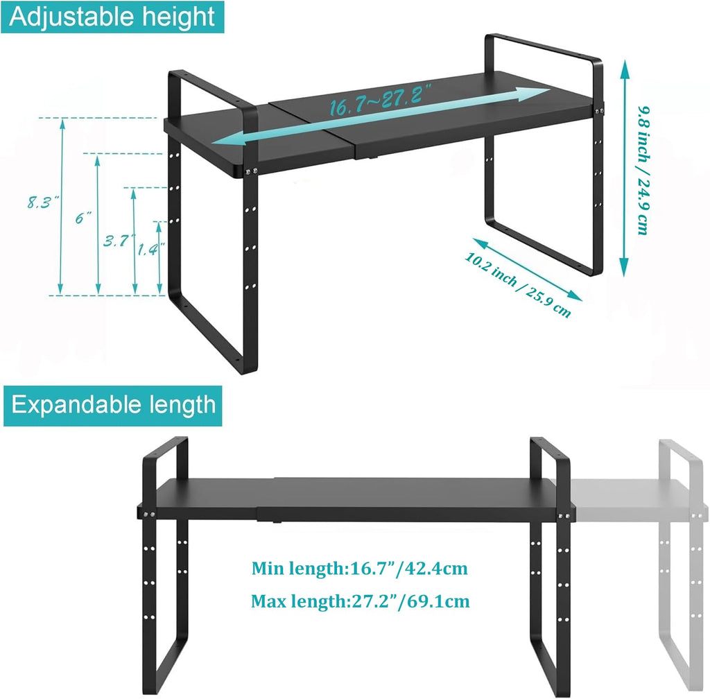 iPEGTOP Expandable Cabinet Storage Shelf Organizer, Heavy Duty Steel Metal Spice Rack Adjustable Height Home Office Garage Pantry Shelf Space Riser for Counter Kitchen Organization, Black, 1 Pack