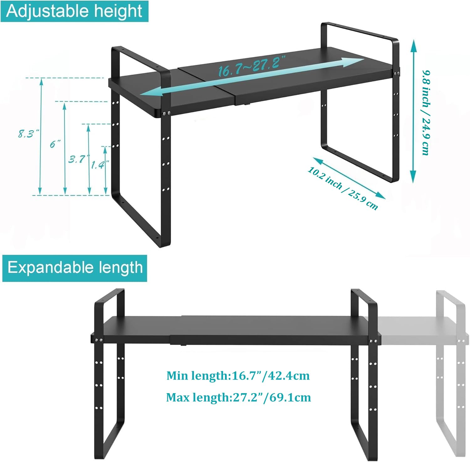iPEGTOP Expandable Cabinet Storage Shelf Organizer, Heavy Duty Steel Metal Spice Rack Adjustable Height Home Office Garage Pantry Shelf Space Riser for Counter Kitchen Organization, Black, 1 Pack