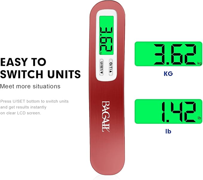 BAGAIL Digital Luggage Scale,110lbs Hanging Baggage Scale with Backlit LCD Display,Portable Suitcase Weighing Scale,Travel Luggage Weight Scale with Hook,Strong Straps for Travelers(Bright Red)