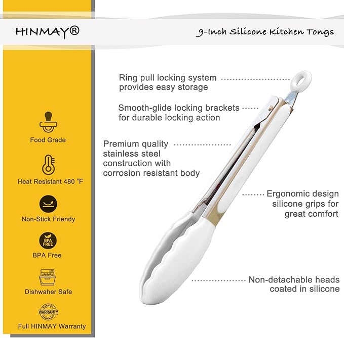 HINMAY Silicone Kitchen Tongs 9-Inch Basics Tongs, Set of 3 (White)