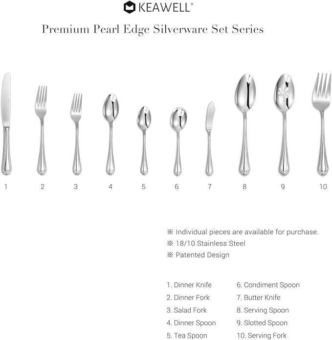 KEAWELL Pearl Edge 4-Piece 7.56-Inch Spoons (Silver, 7.56" Dinner Spoons)
