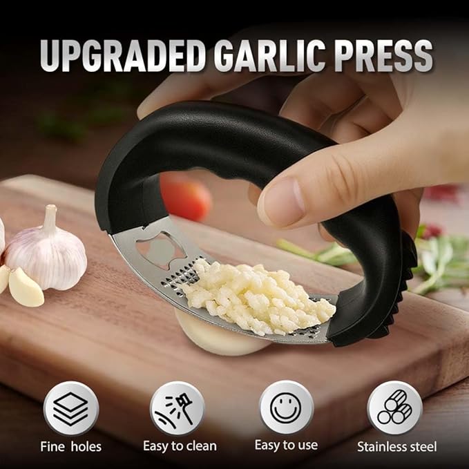 Stainless Steel Garlic Press Rocker, 2025 New Garlic Mincer and Garlic Crusher, Easy-Squeeze Garlic Tool with Peeler and Cleaning Brush for Smashing Garlic (A2-3Pcs)