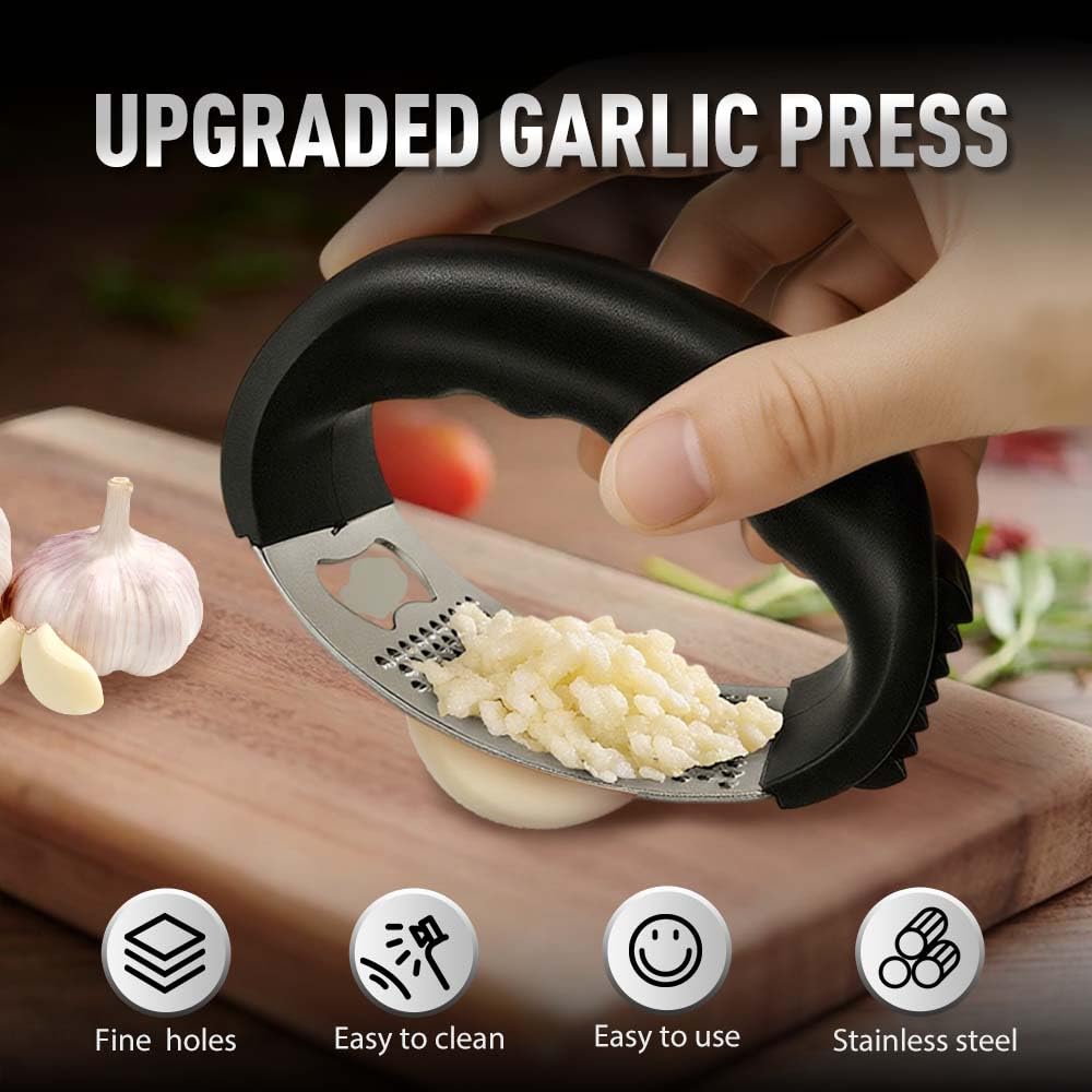 Stainless Steel Garlic Press Rocker, 2025 New Garlic Mincer and Garlic Crusher, Easy-Squeeze Garlic Tool with Peeler and Cleaning Brush for Smashing Garlic (A2-3Pcs)