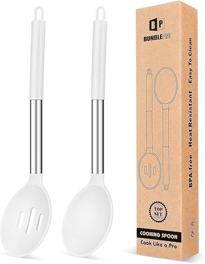 BUNDLEPRO Silicone Cooking Spoons for Non Stick Cookware, 2 Pack, White