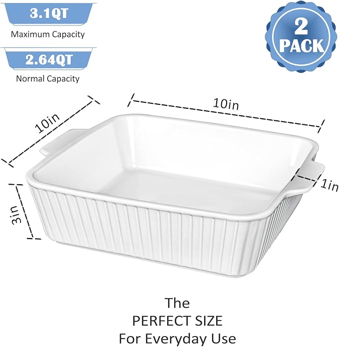 cikiciki 10" Square Ceramic Casserole Dish Set of 2-2.6 Qt Deep Baking Dishes with Handles for Oven, Lasagna Pan for Casseroles Cake Bread, Microwave Dishwasher Safe Bakeware Set, White