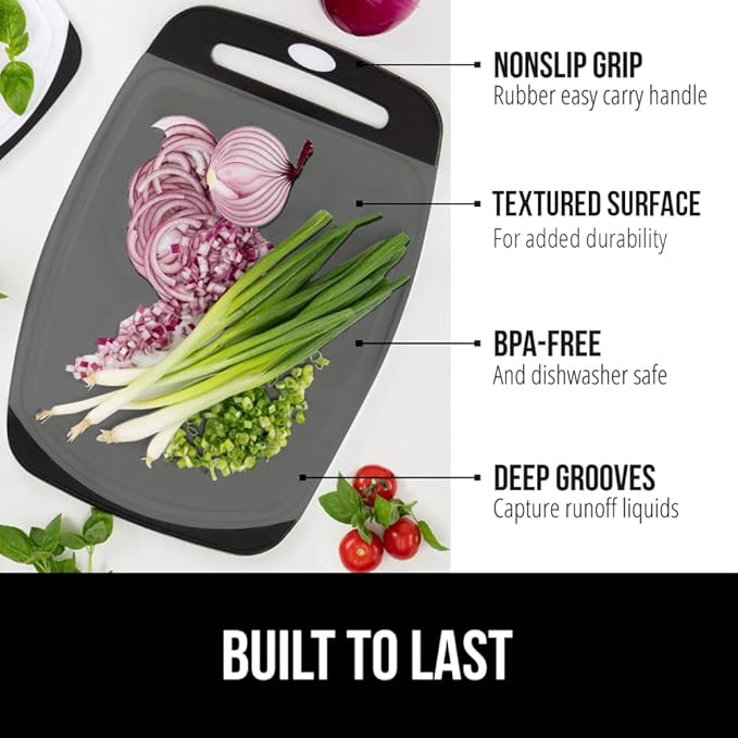 GORILLA GRIP BPA-Free Reversible Kitchen Cutting Board Set of 3, US Designed, Nonporous, Juice Grooves Catch Liquid, Slip Resistant Border, Dishwasher Safe, Durable Food Chopping Boards, Gray Black