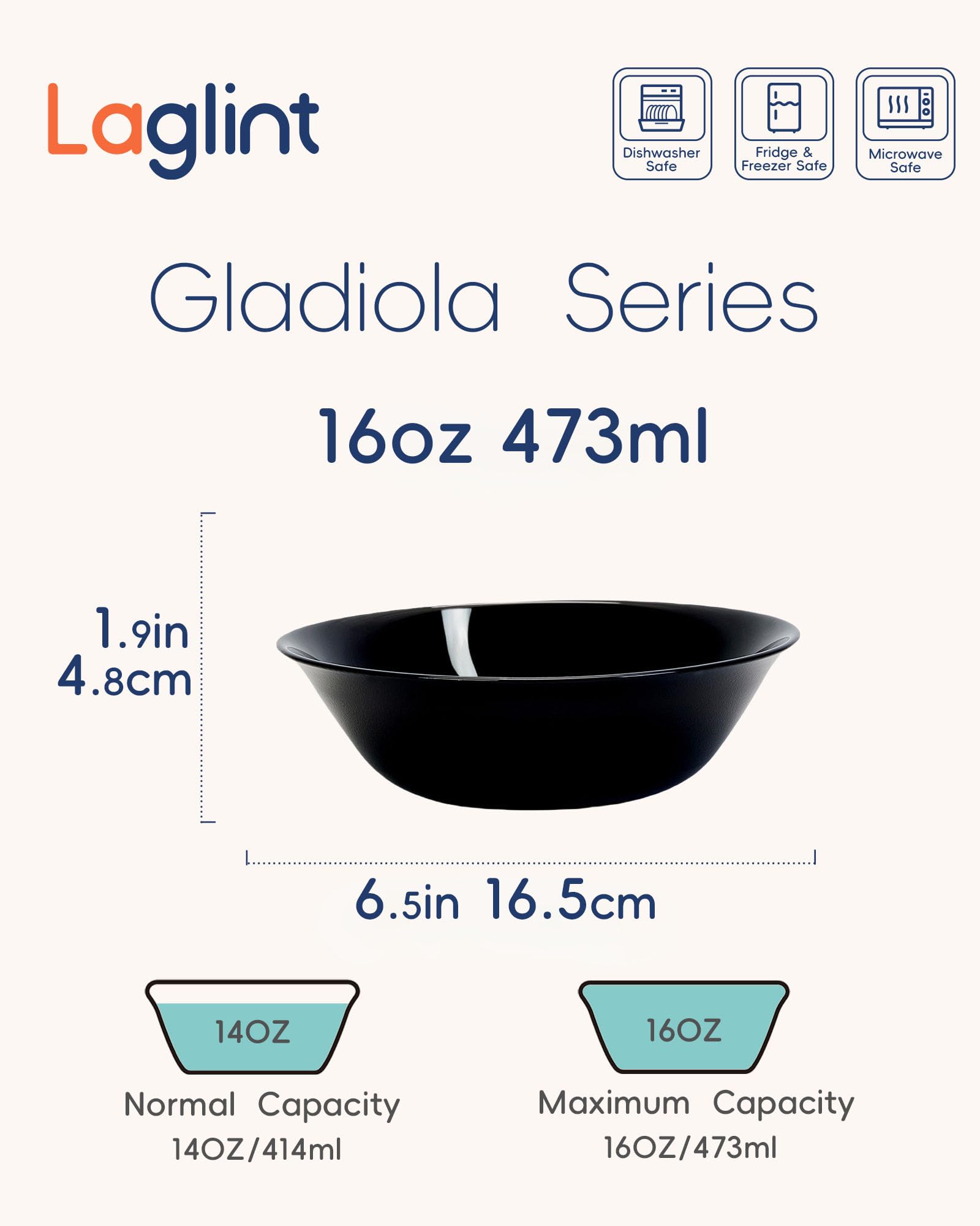 LaGlint 16 OZ Max Black Opal Glass Cereal Bowl Set of 6, 6.5 Inch