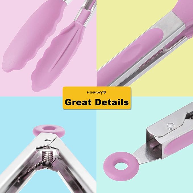 HINMAY Serving Tongs with Silicone Tips 9-Inch Food Tongs, Set of 3 (Pink)