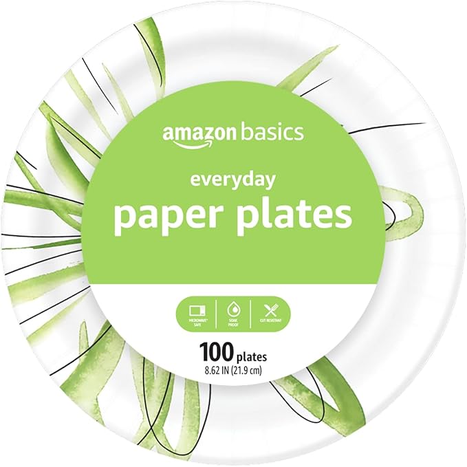 Amazon Basics Everyday Disposable Paper Plates, 8.62 Inch, Microwave-Safe, Cut Resistant, Soak-Proof, 100 Count, Packaging May Vary