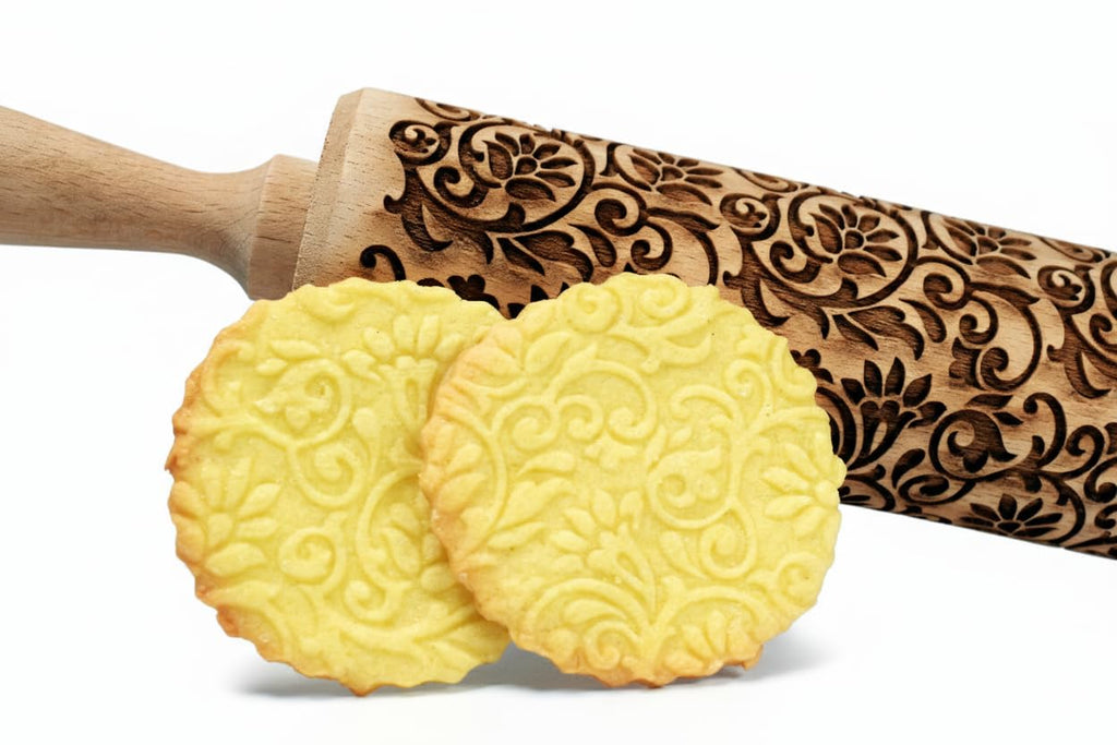 FLOWERING VINE Embossing Rolling Pin. Laser Engraved Dough Roller with Climbing Flowers Pattern for Embossed Cookies or Pottery by Algis Crafts