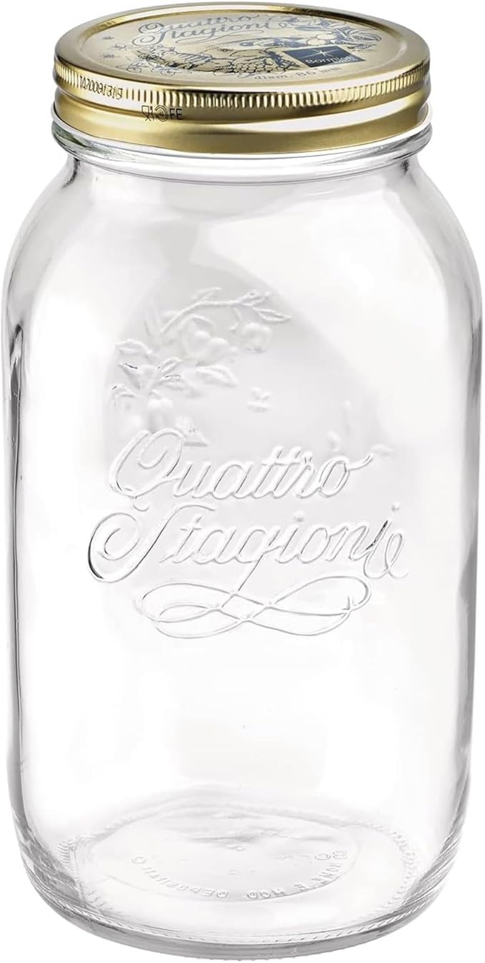 Bormioli Rocco Quattro Stagioni Mason Jar - 50.75 Oz. One-Piece Twist Top Lid, Beehive Motif - Ideal for Canning, Fermentation & Dry Storage - Embossed Glass Container, BPA-Free, Made in Italy