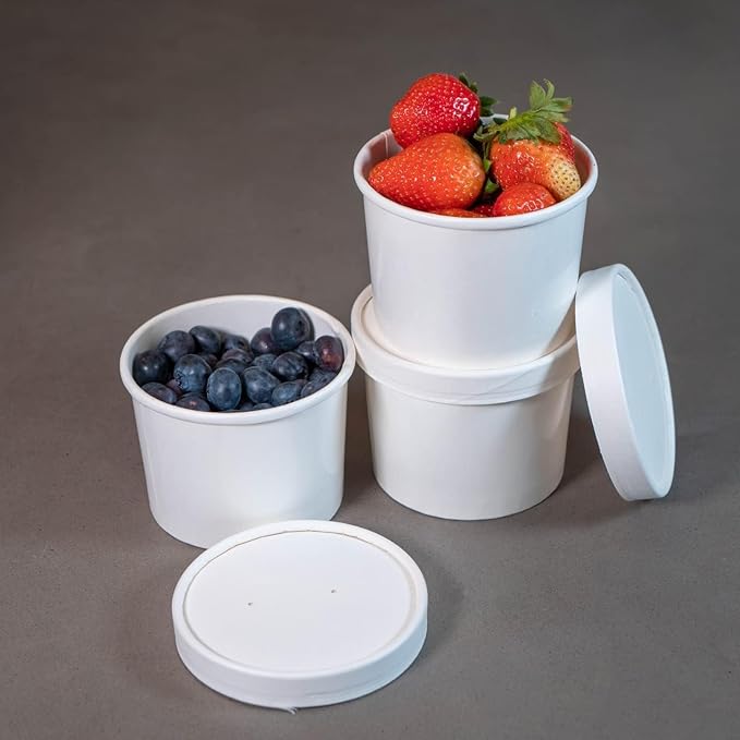 Basidi [250 Sets White Paper Food Containers With Vented Lids, To Go Hot Soup Bowls, Disposable Ice Cream Cups (12oz)