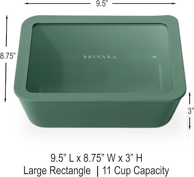 BRIVARA HOME Glass Food Storage Container with Lid, 11-Cup Large Rectangle | Microwave-Safe Airtight Lid, Oven-Safe Ceramic-Coated Glass | Zero Plastic, No PFAS/PFOA/BPA, Reusable [Pine]