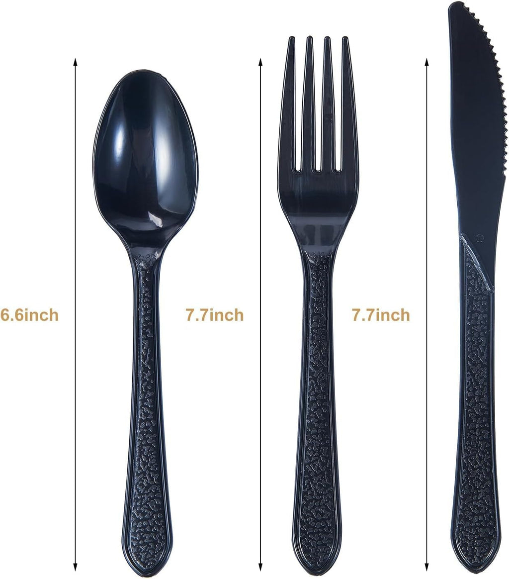 JALUXING [300 Combo Box] Black Plastic Forks Spoons Knives Heavyweight Utensils Disposable Silverware Heavy Duty Cutlery Set