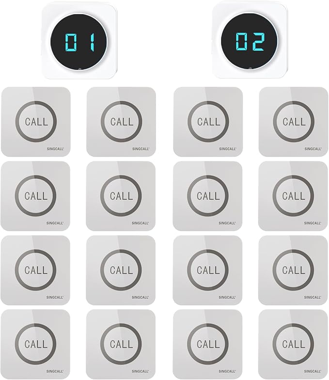 SINGCALL Restaurant Pager System 2 Receivers & 16 Waterproof Call Buttons