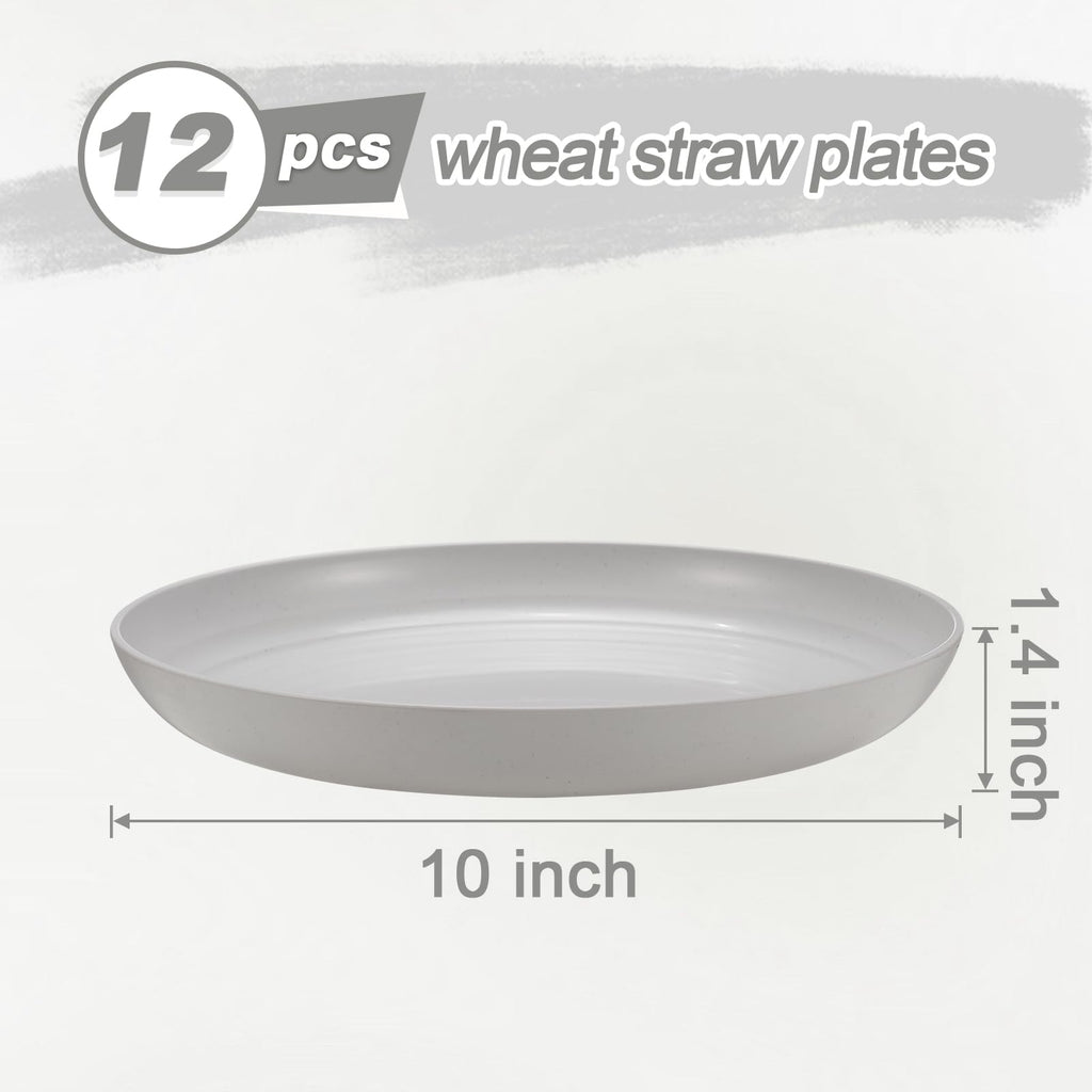 HEYCOME 12 Pcs Unbreakable Deep Dinner Plates Set, 10 inch Reusable Plastic Wheat Straw Plates, Microwave and Dishwasher Safe Plate for Kitchen, Lightweight Plate for Dessert, BPA Free, White Gray
