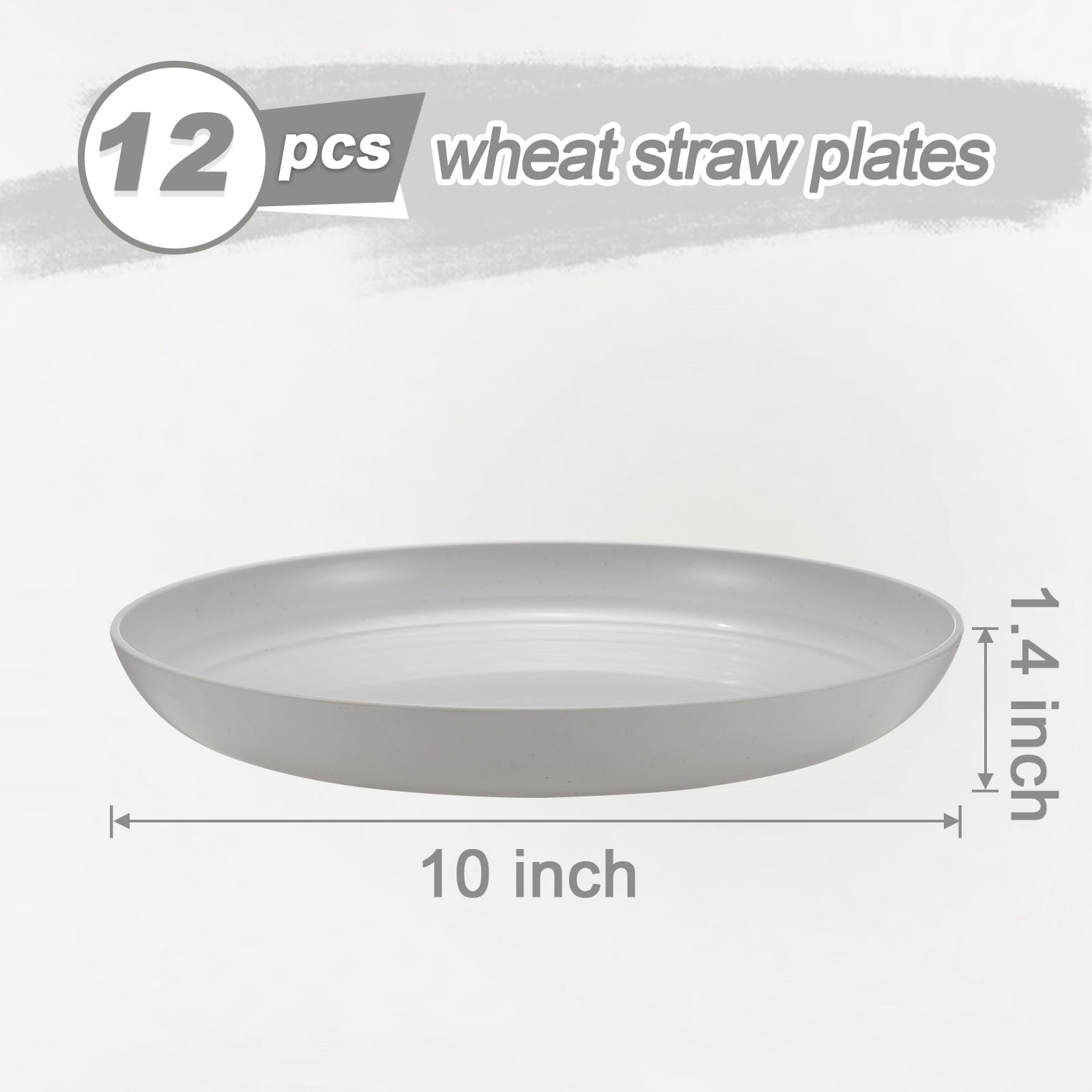 HEYCOME 12 Pcs Unbreakable Deep Dinner Plates Set, 10 inch Reusable Plastic Wheat Straw Plates, Microwave and Dishwasher Safe Plate for Kitchen, Lightweight Plate for Dessert, BPA Free, White Gray