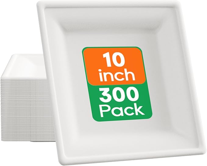ECOLipak 10 Inch Square Paper Plates, 300 Pack Compostable Disposable Plate