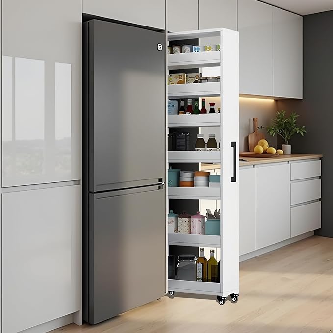 MINGRUIYU 7-Tier Slim Storage Cart, Wooden Rolling Pantry Cabinet with Wheels, Narrow Shelf Organizer for Kitchen, Bakers Rack, Dining Room, Closet, Small Spaces Warm White 73.2‘’H*5.9''W*19.6''D