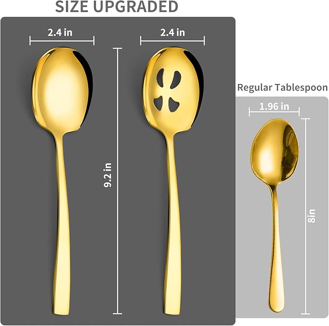 Keyoxy 8 Piece Stainless Steel Serving Spoons Set - 4 Large, 4 Slotted, 9.2-Inch, Dishwasher Safe, for Parties/Kitchen/Buffet/Catering,Gold